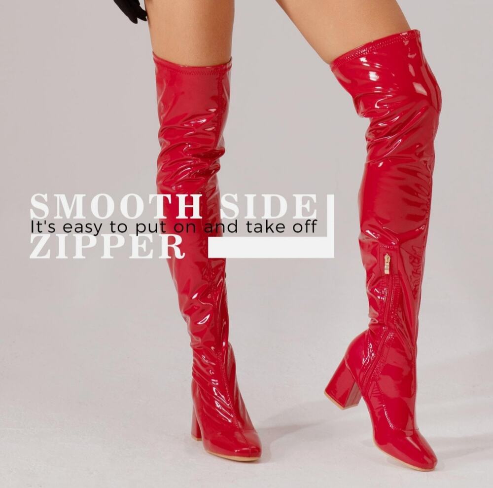 Ew. MSRP $60 NWOB SYZTSHO THIGH HIGH GOGO BOOTS PATENT RED ♡SIZE 8.5/39♡